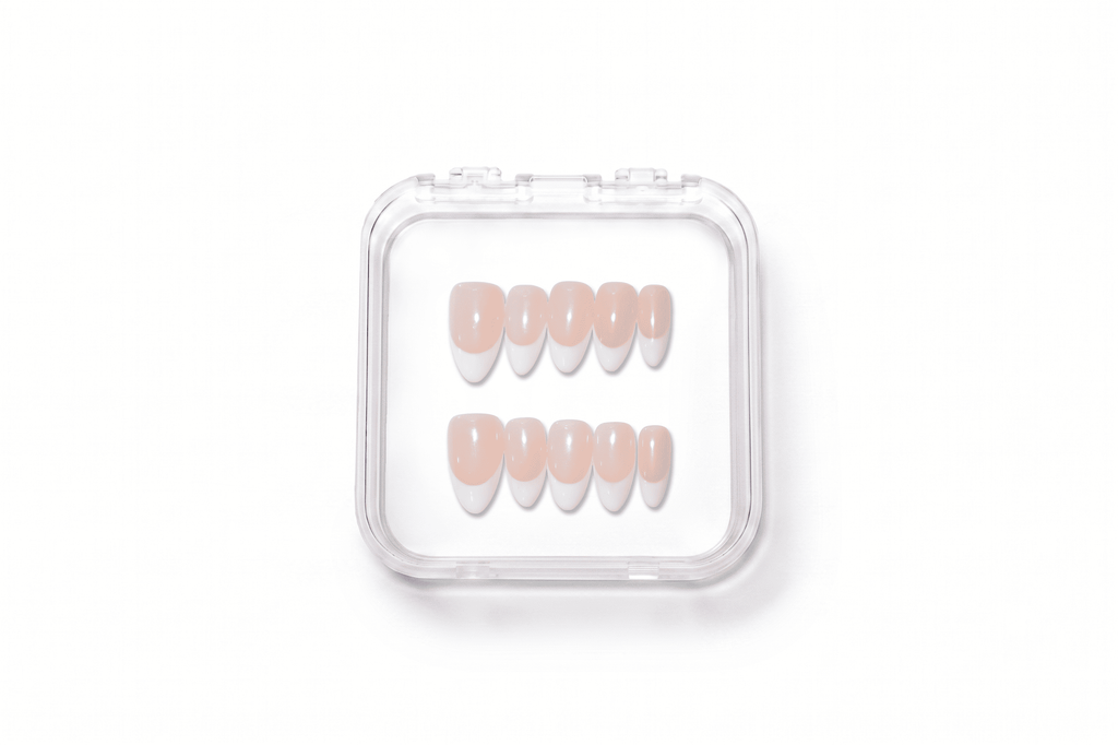 Classic Nude White French Medium Almond Nails