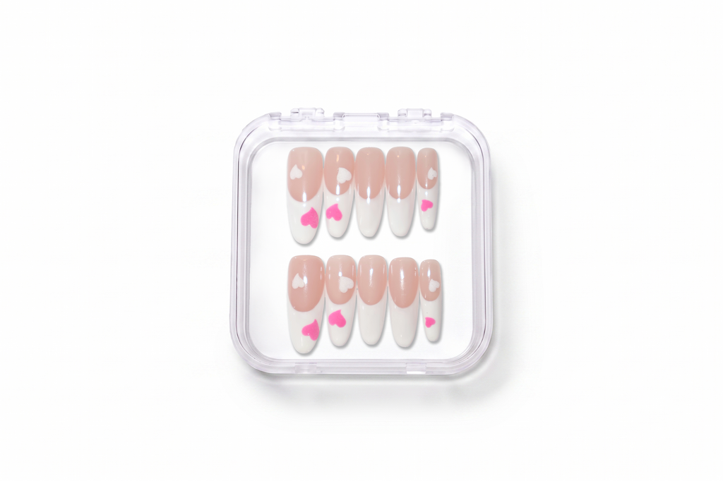 Pink Heart French Medium Almond Daily Press On Nails