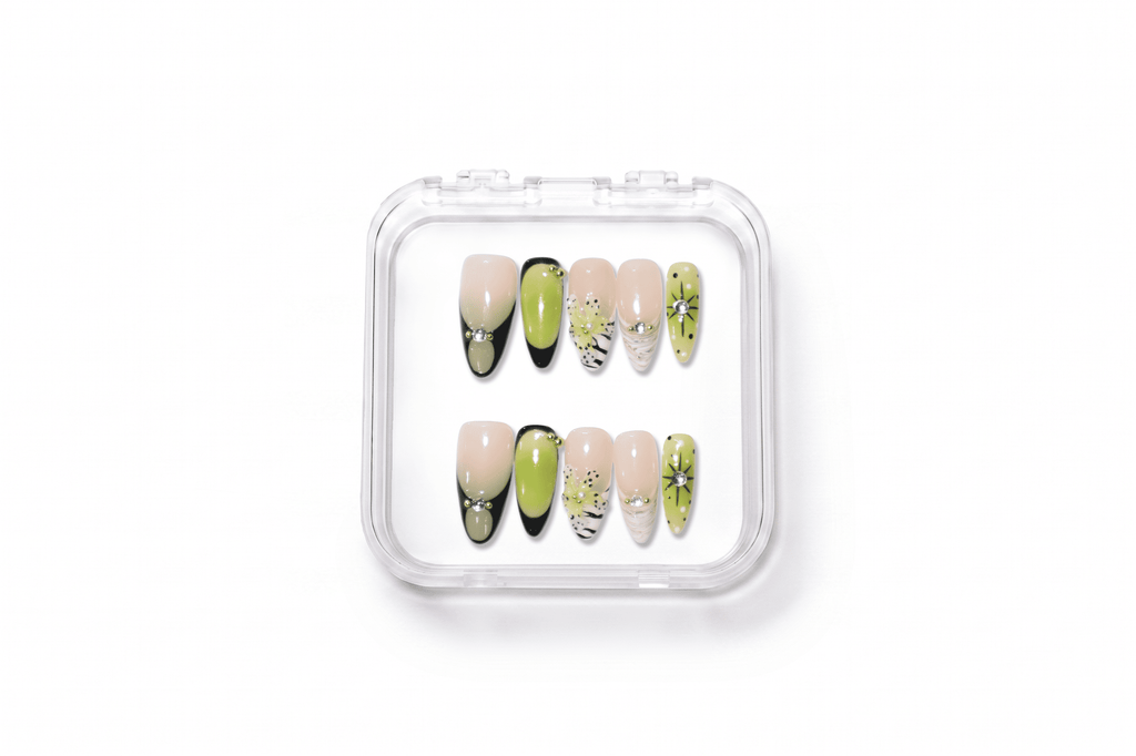 Lime Green Leopard Rhinestone Almond Press On Nails