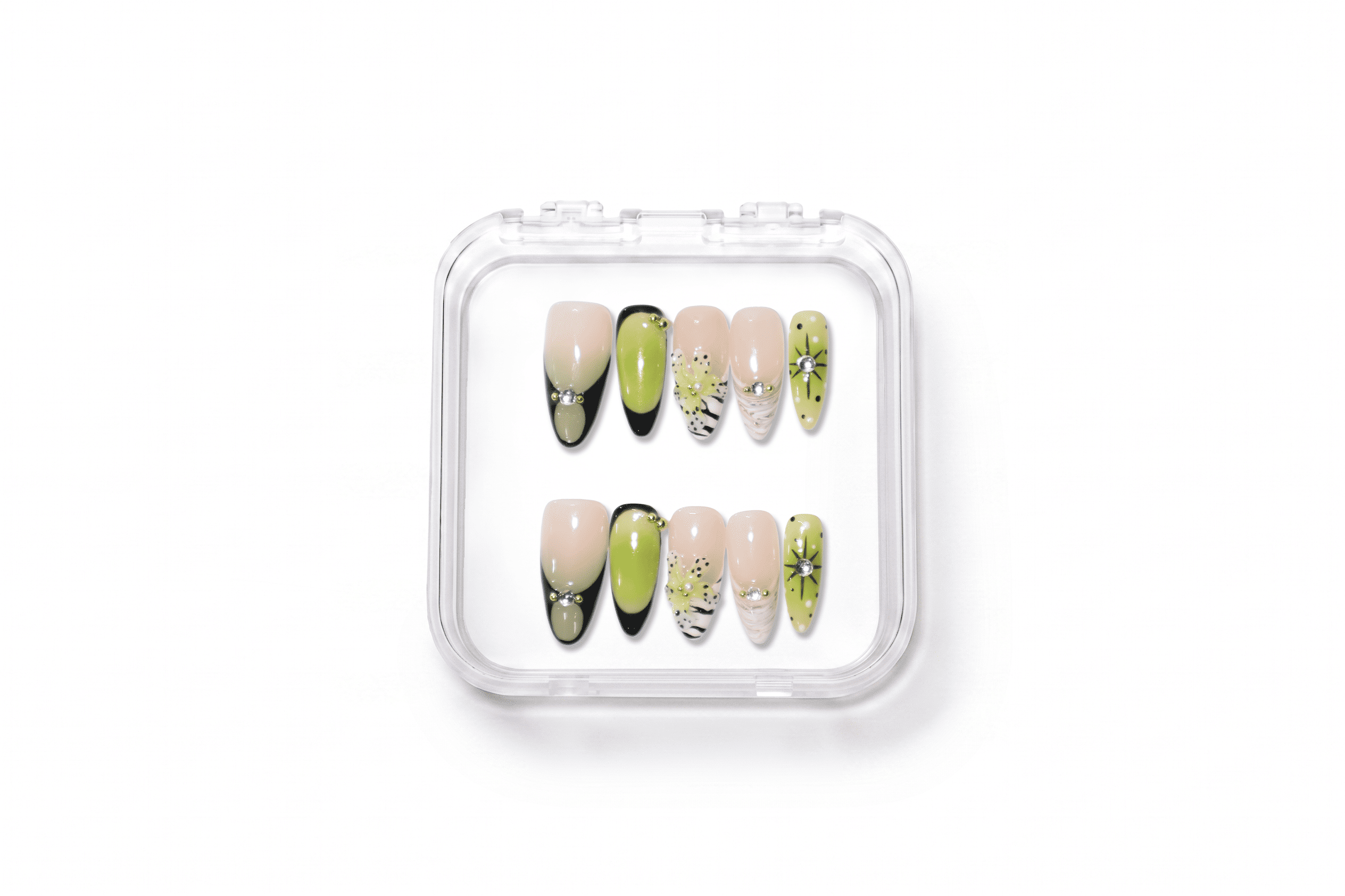 Lime Green Leopard Rhinestone Almond Press On Nails
