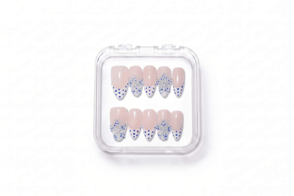 Blue Polka Dot Pearl French Almond Nails