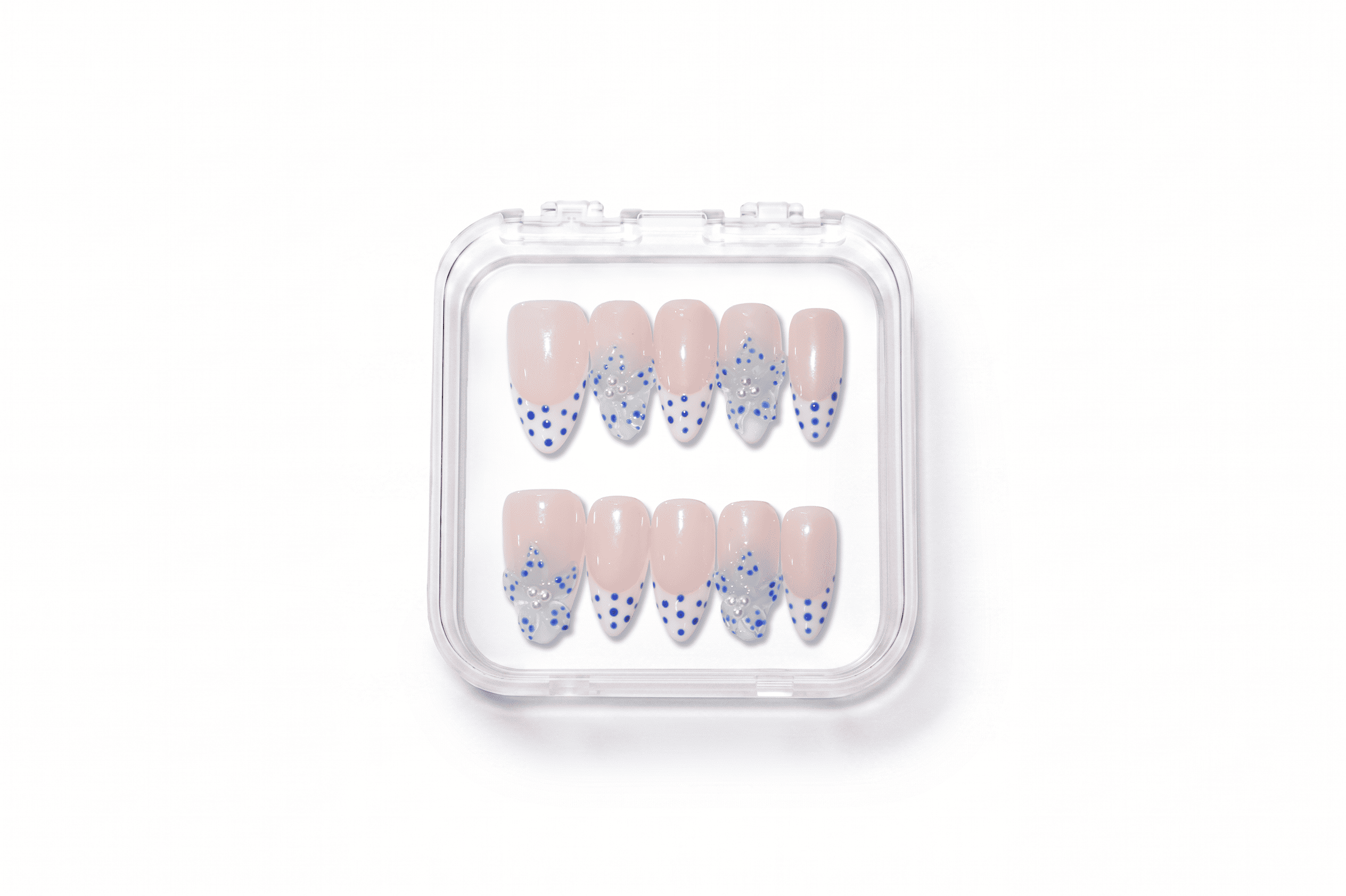 Blue Polka Dot Pearl French Almond Nails
