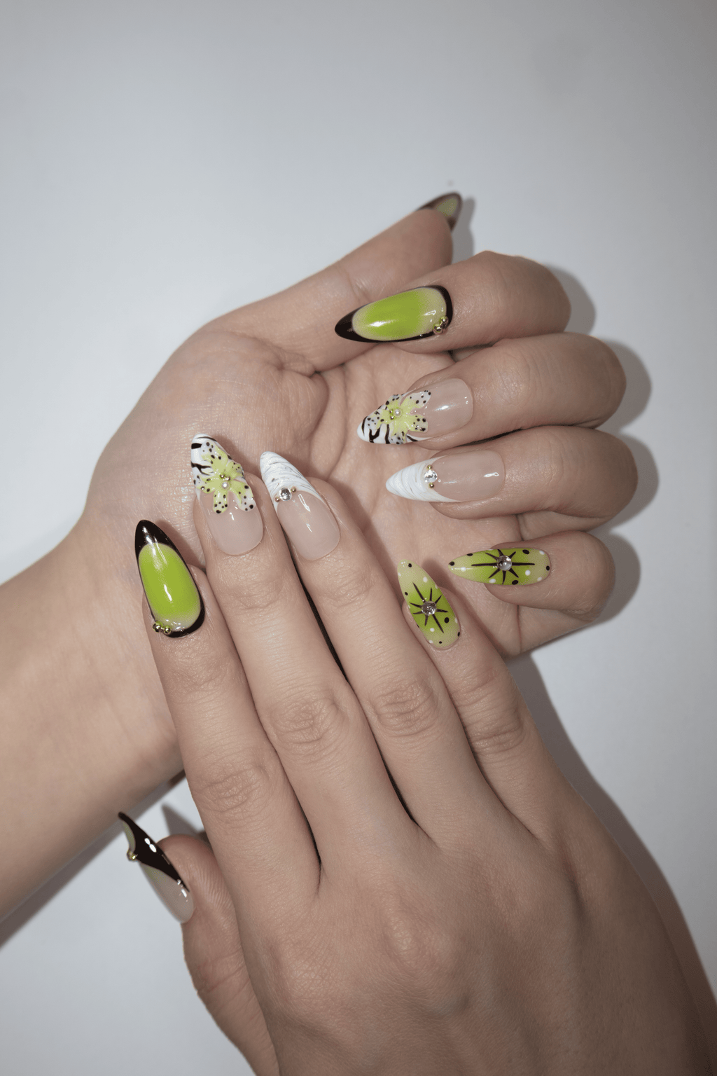 Lime Green Leopard Rhinestone Almond Press On Nails