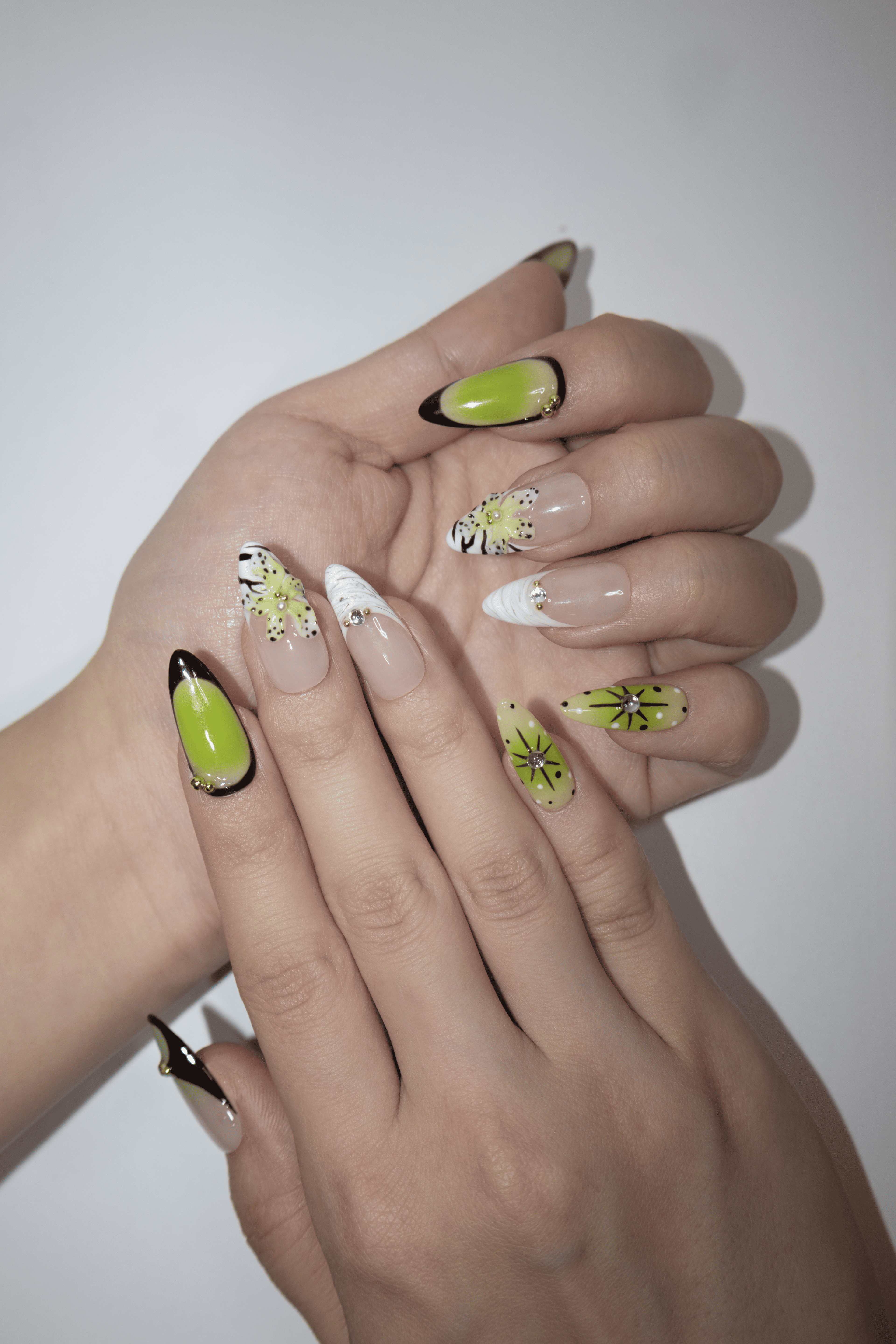 Lime Green Leopard Rhinestone Almond Press On Nails