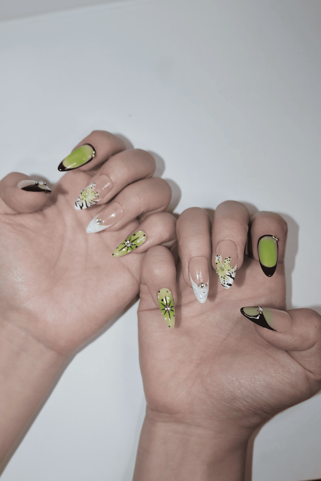 Lime Green Leopard Rhinestone Almond Press On Nails