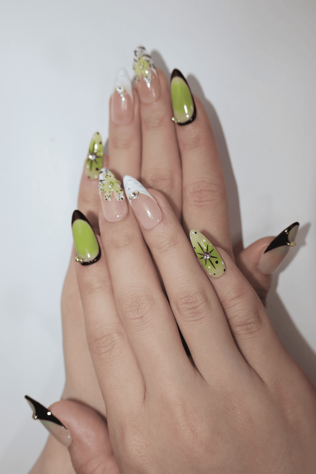 Lime Green Leopard Rhinestone Almond Press On Nails