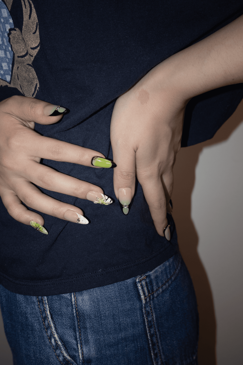 Lime Green Leopard Rhinestone Almond Press On Nails