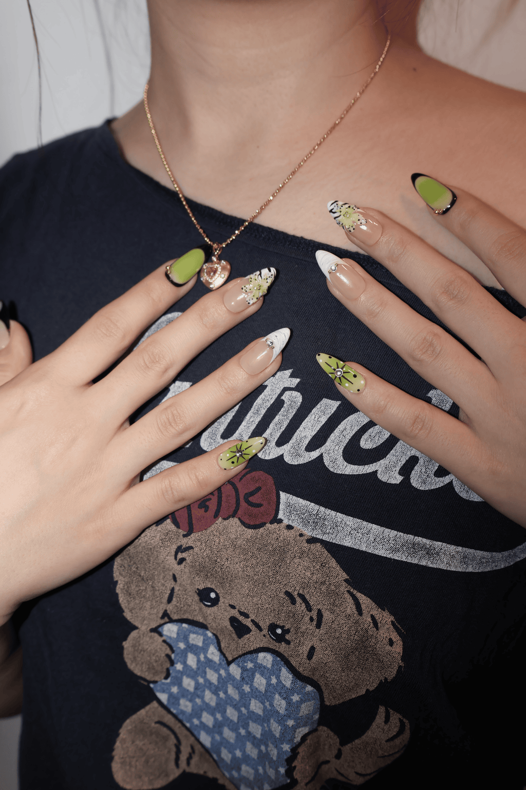 Lime Green Leopard Rhinestone Almond Press On Nails