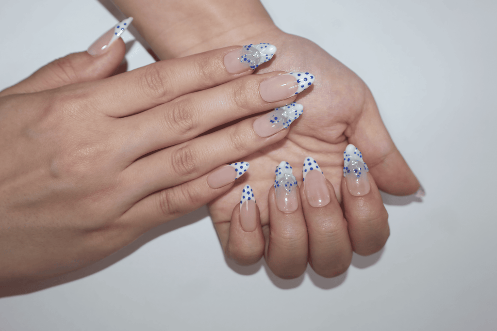 Blue Polka Dot Pearl French Almond Nails