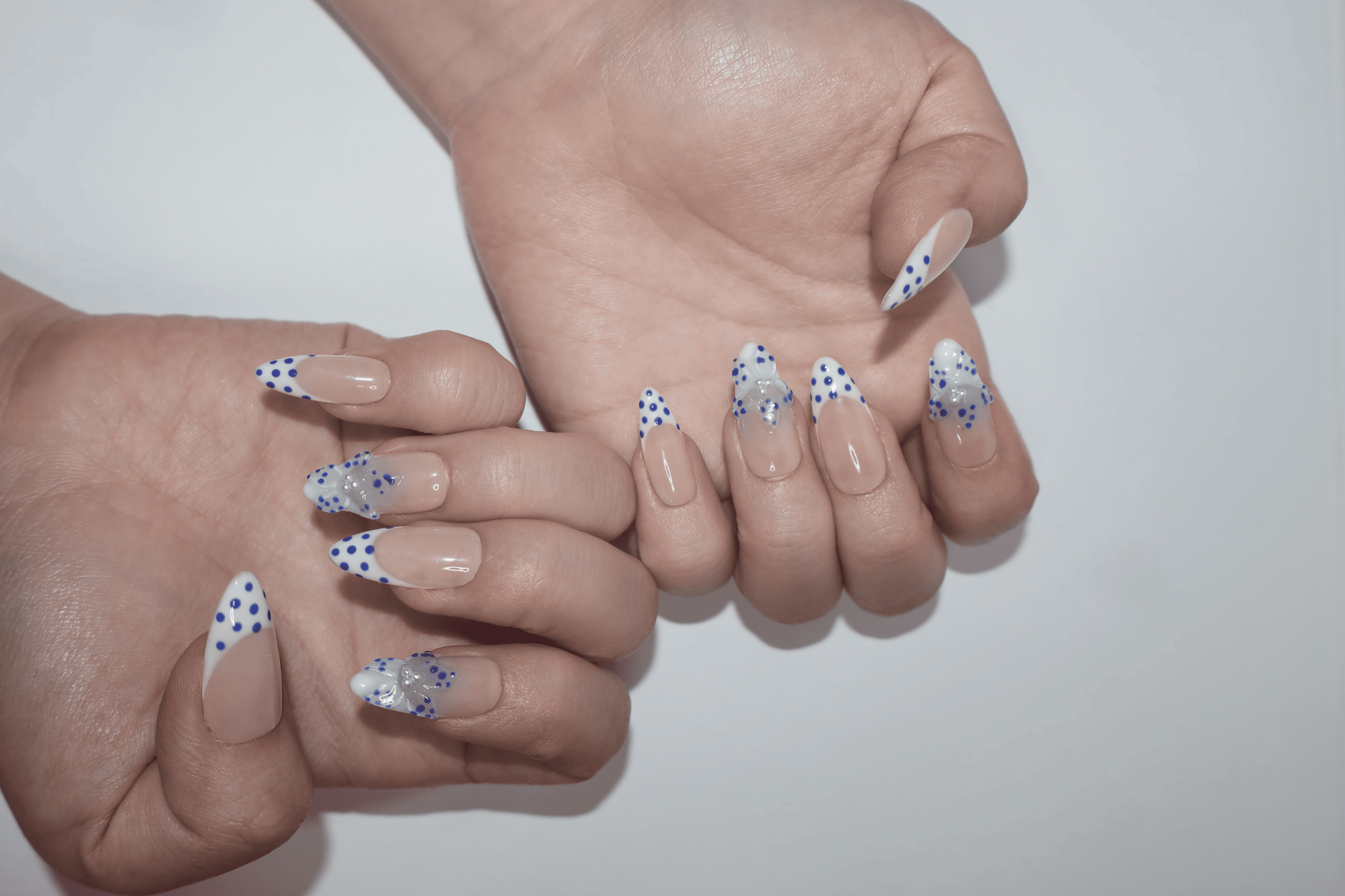 Blue Polka Dot Pearl French Almond Nails