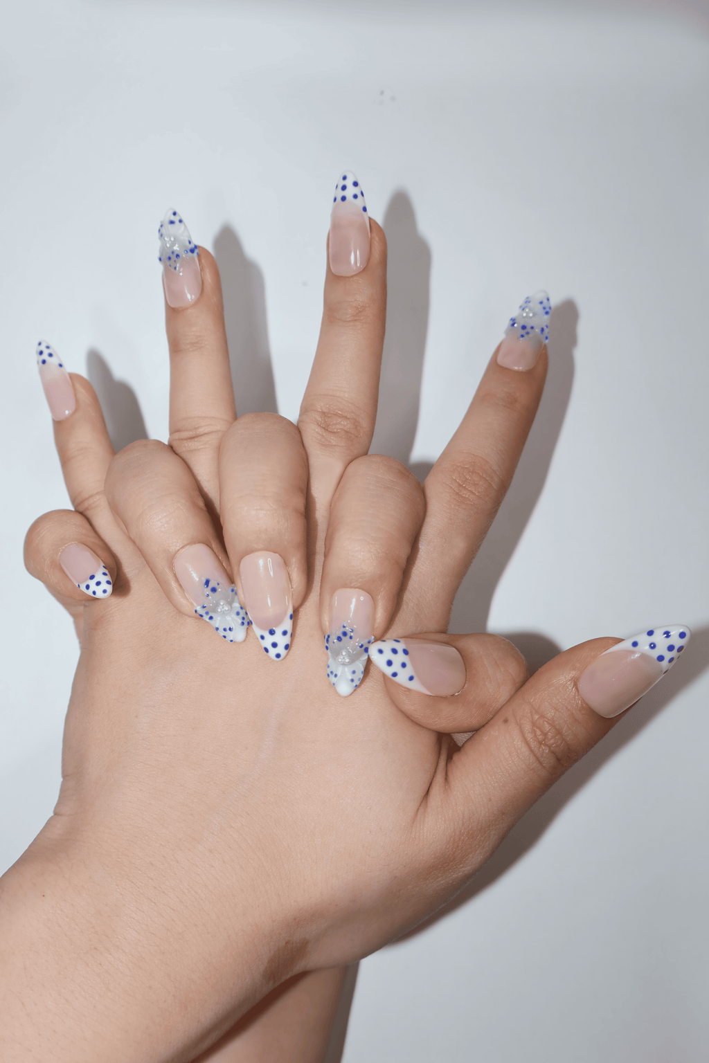 Blue Polka Dot Pearl French Almond Nails
