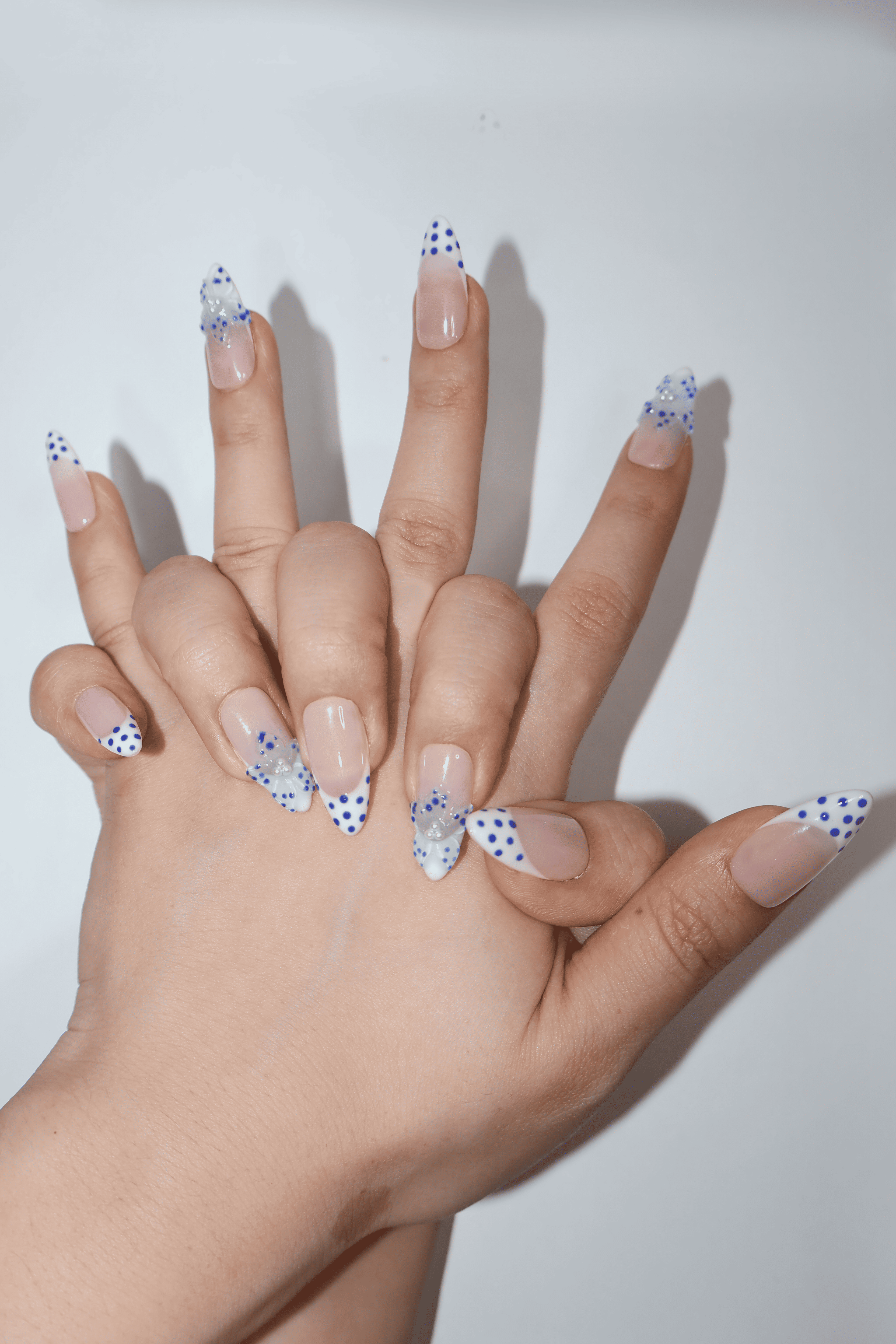 Blue Polka Dot Pearl French Almond Nails