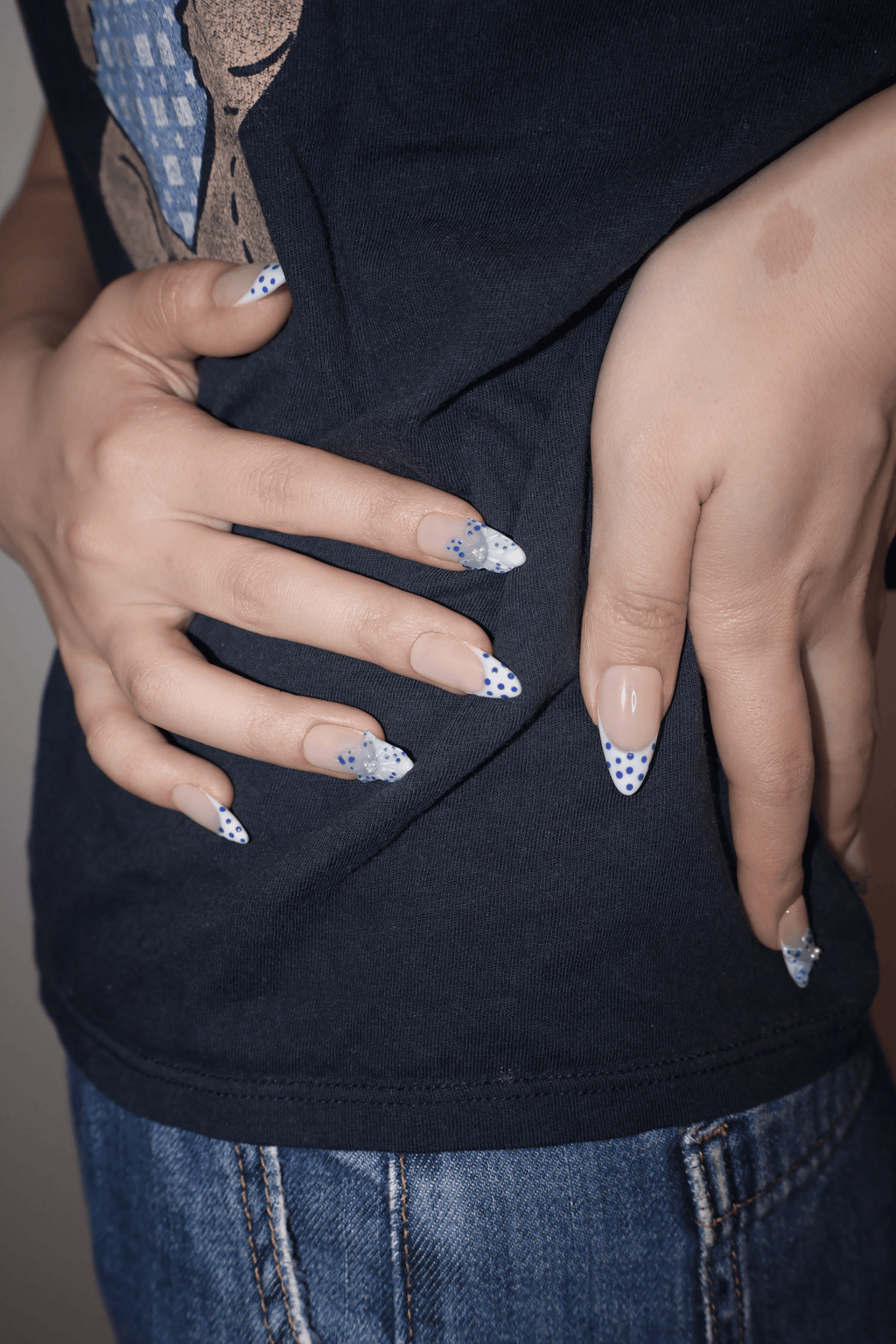 Blue Polka Dot Pearl French Almond Nails