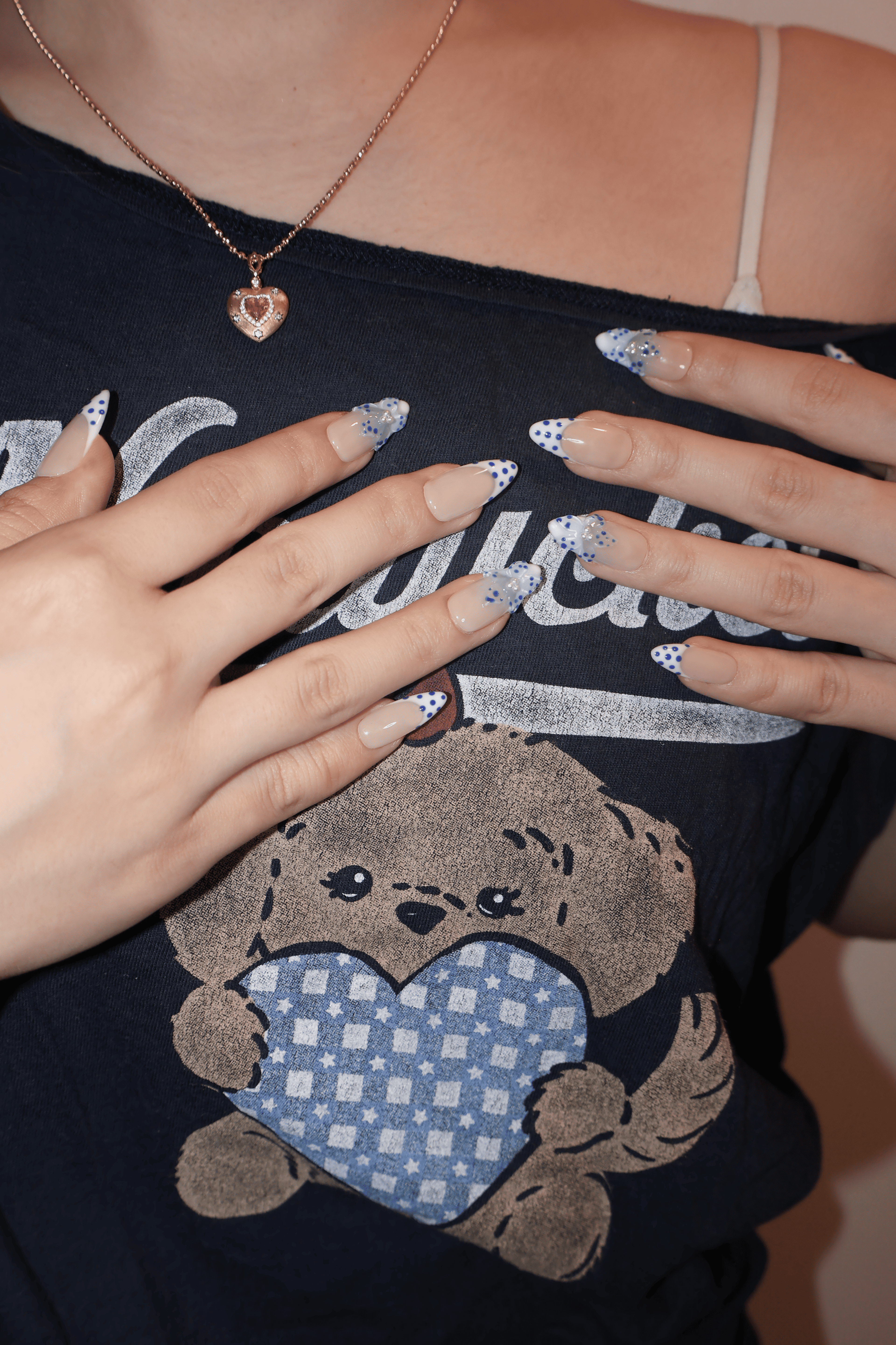 Blue Polka Dot Pearl French Almond Nails