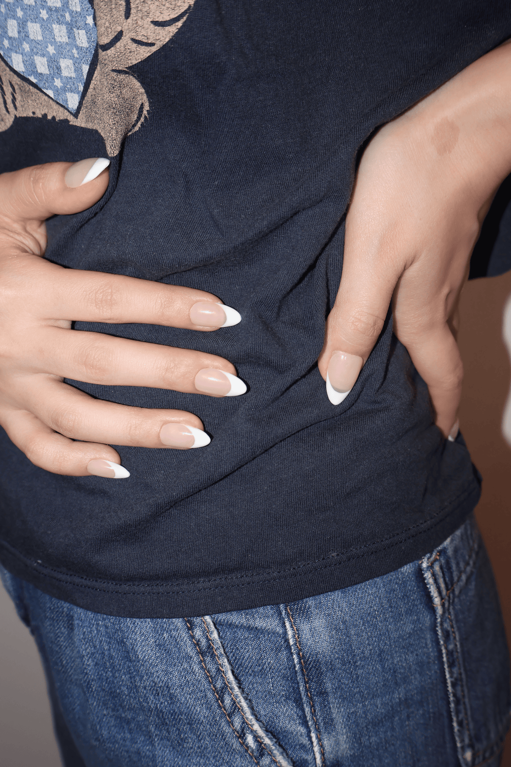 Classic Nude White French Medium Almond Nails