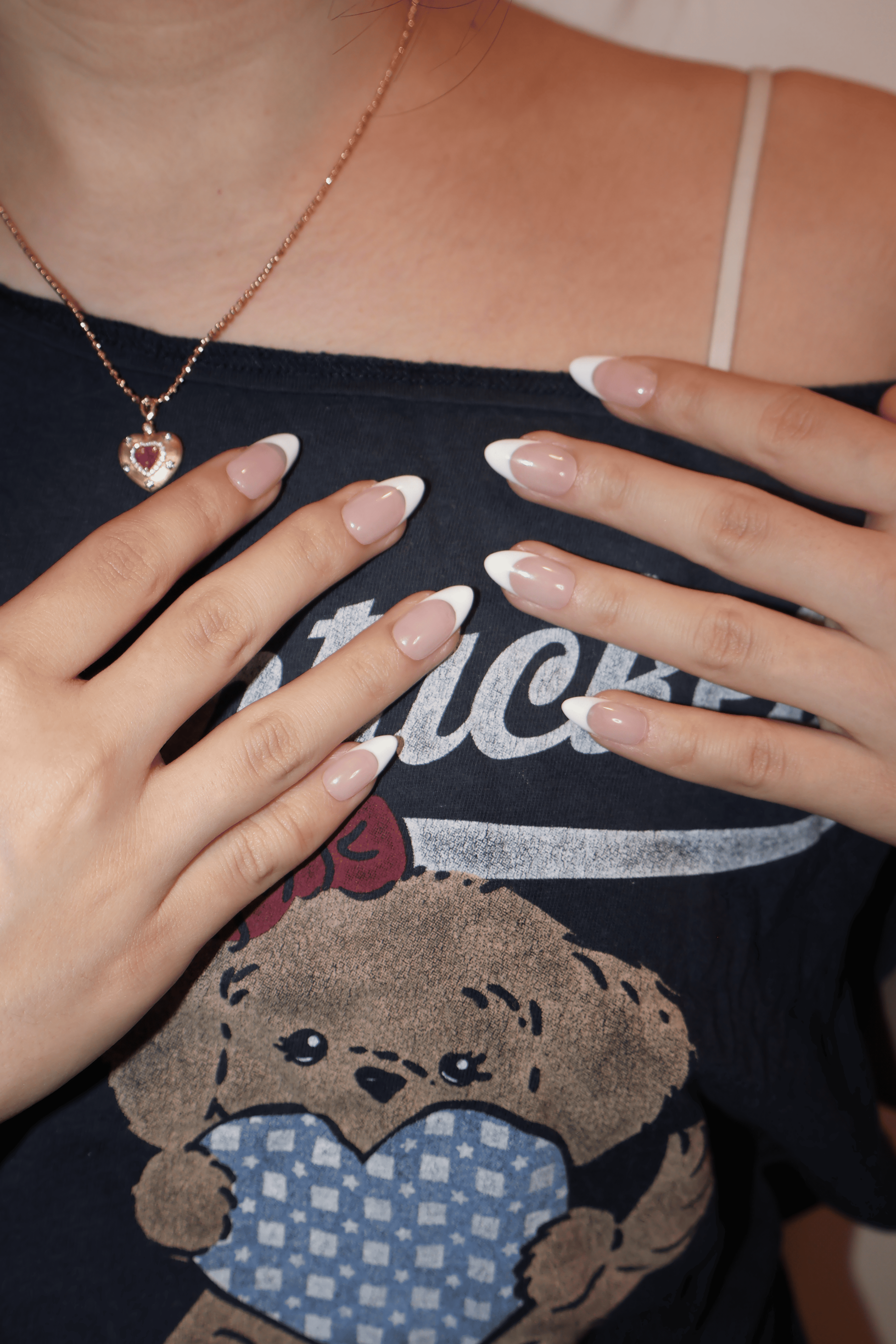 Classic Nude White French Medium Almond Nails