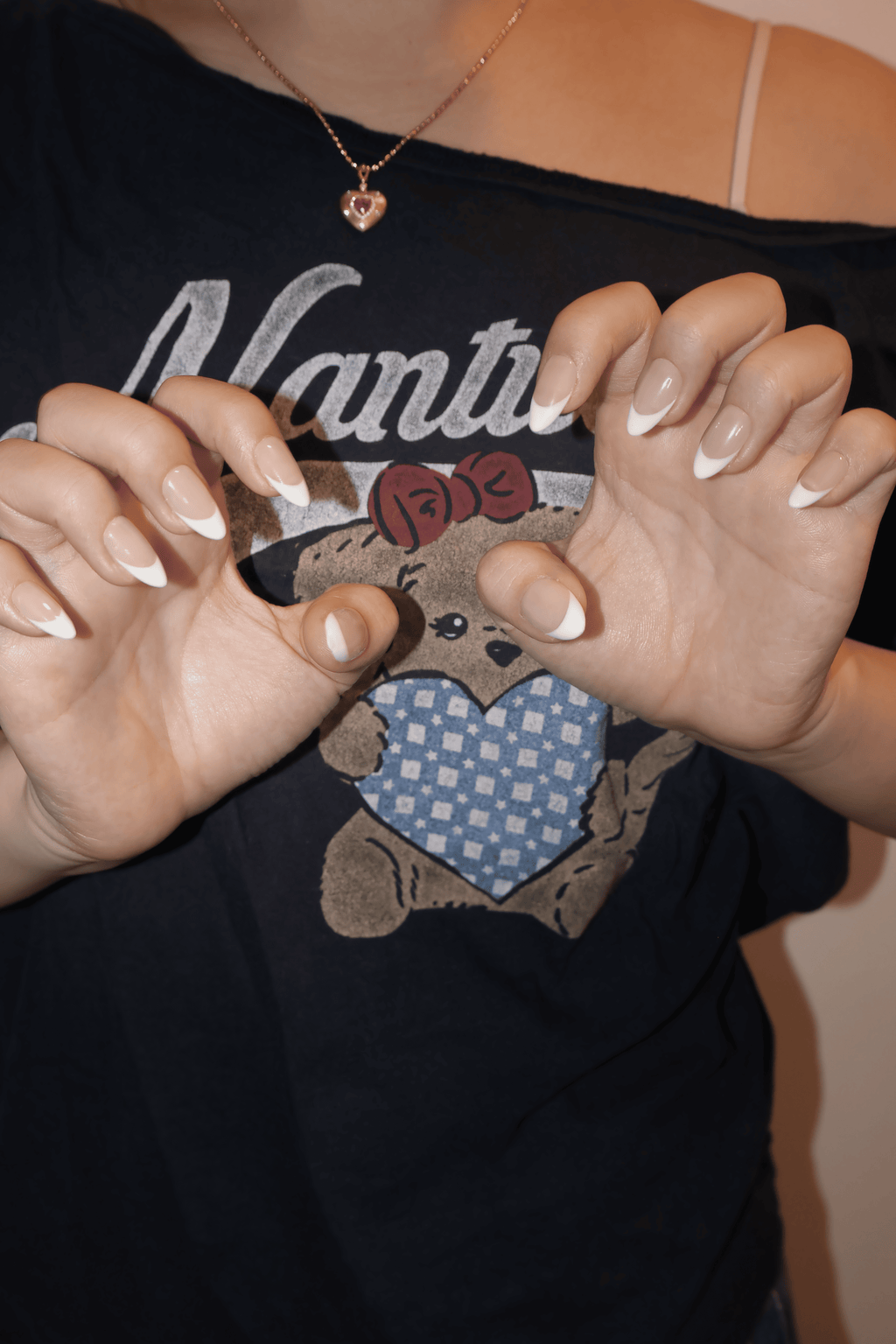Classic Nude White French Medium Almond Nails